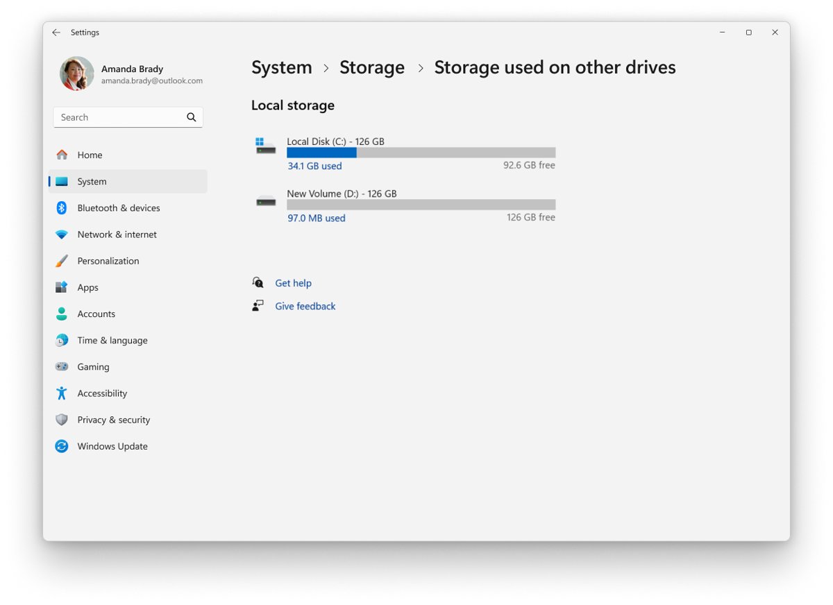 Computer storage drives shown in Windows 11 Settings with used and free space