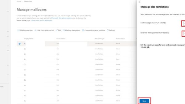 Configure max email size limit in Office 365