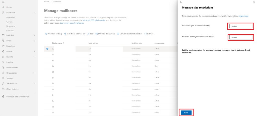 Configure max email size limit in Office 365