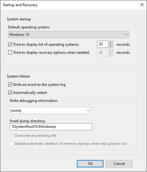 Configure small memory dump in the Startup and Recovery dialog