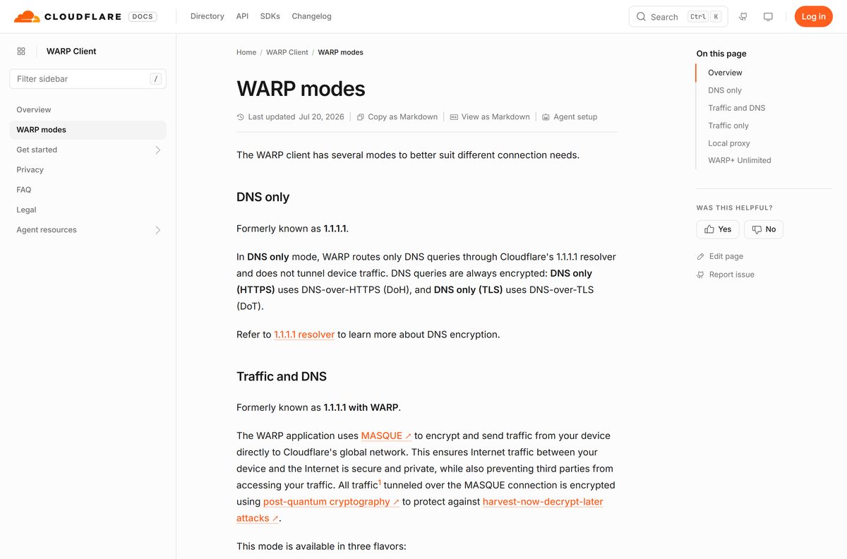 Documentation page describing every Cloudflare WARP connection mode