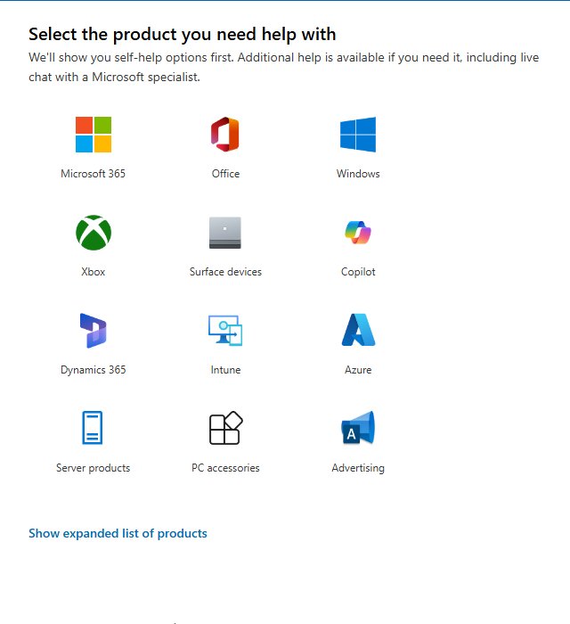 Contact Microsoft support product picker with Windows option for chat help