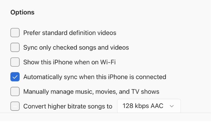 Convert higher bitrate songs to 128 kbps AAC in Apple Devices options