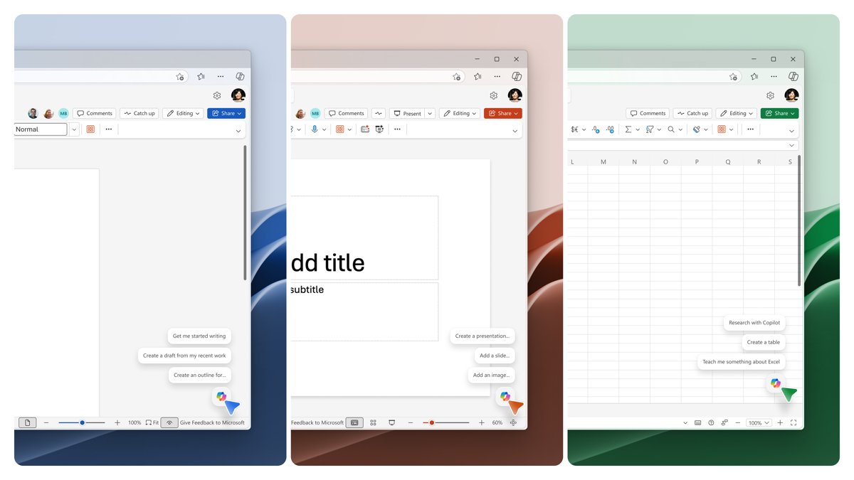 Copilot button with suggested actions in Word, PowerPoint and Excel for the web