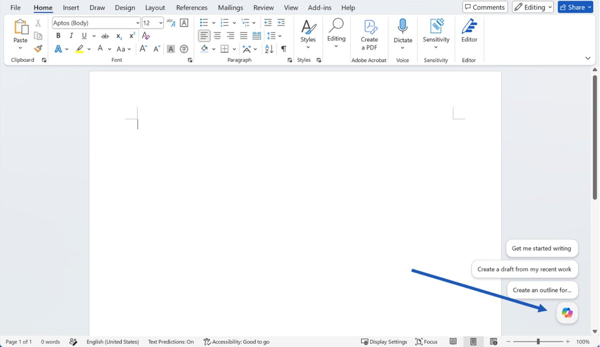 Copilot in Word icon in the margin of a blank document