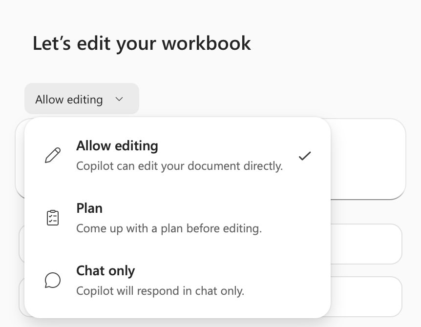 Copilot mode menu listing Allow editing, Plan and Chat only