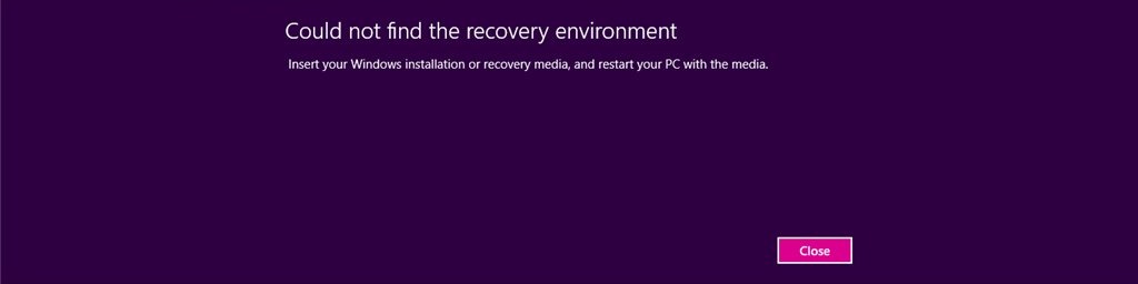 Could not find the recovery environment error message on Windows