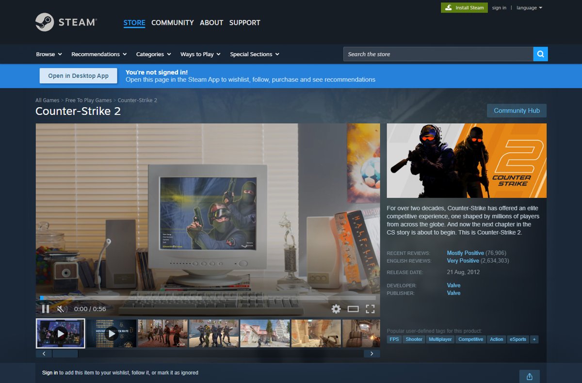 Counter-Strike 2 Steam store page, one of the best free PC games