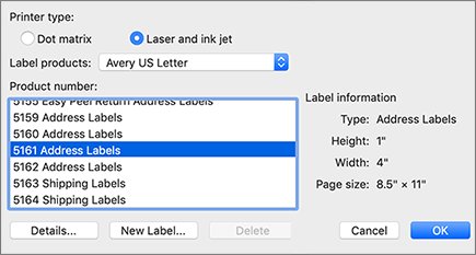 Create Avery 5160 labels in Word for Mac using the Label Options dialog