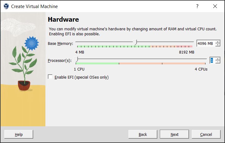 Create Virtual Machine Hardware page with Base Memory and Processor sliders