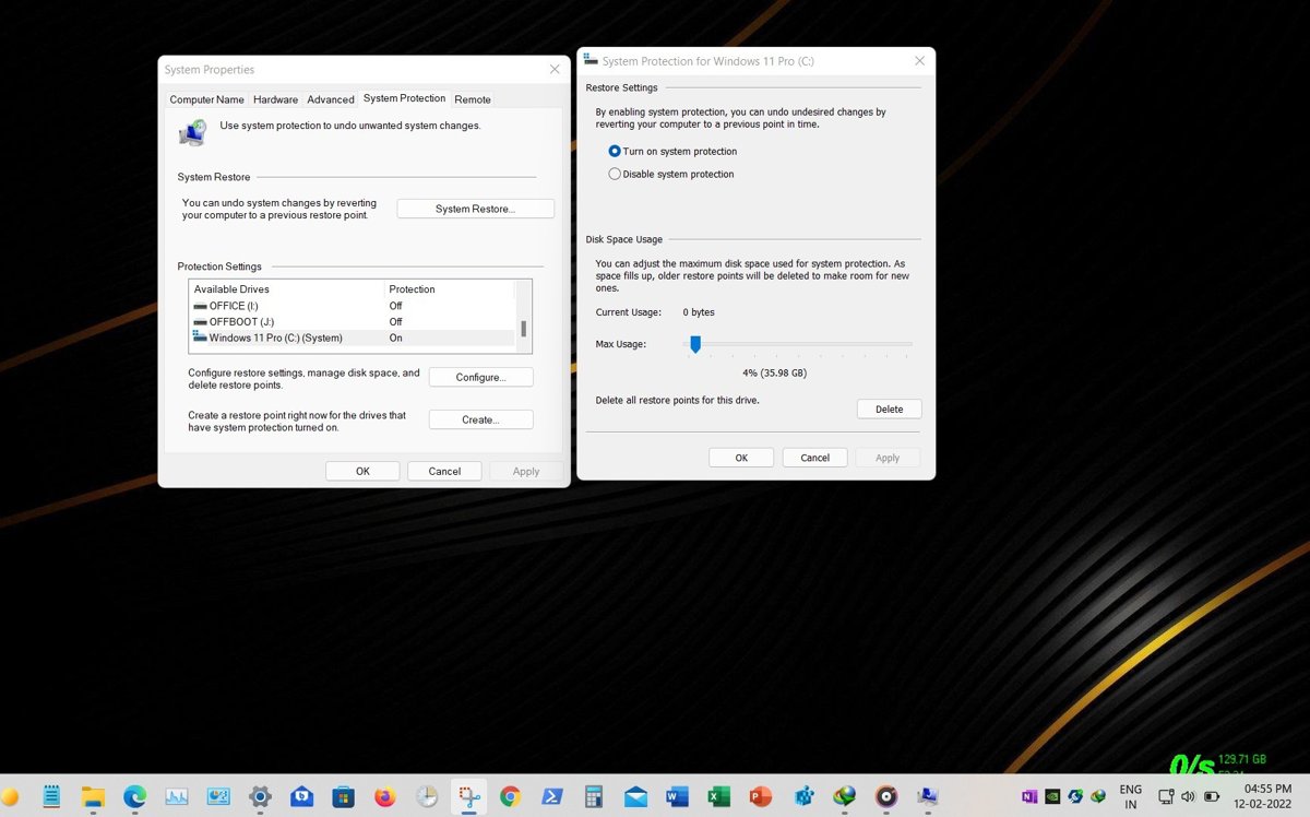Create system restore points after turning on system protection for drive C