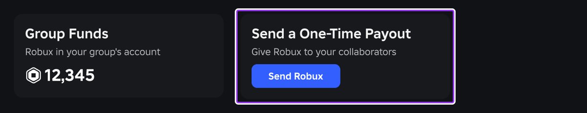 Creator Dashboard Payouts section with Group Funds and Send Robux button