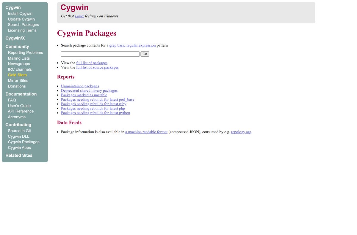 Cygwin package search page for finding tools