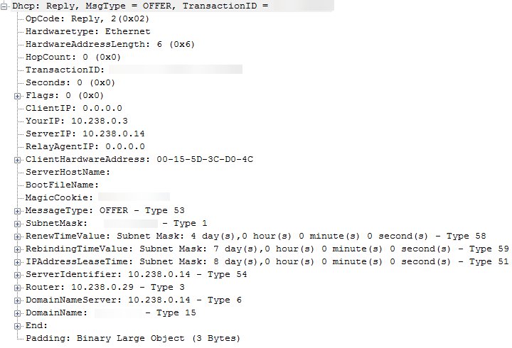DHCP offer packet showing the IP address given to a PXE client