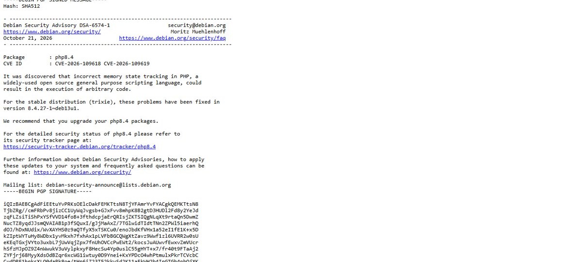 Debian 13 PHP 8.4 CVE-2026-109618 fix in DSA-6574-1 advisory