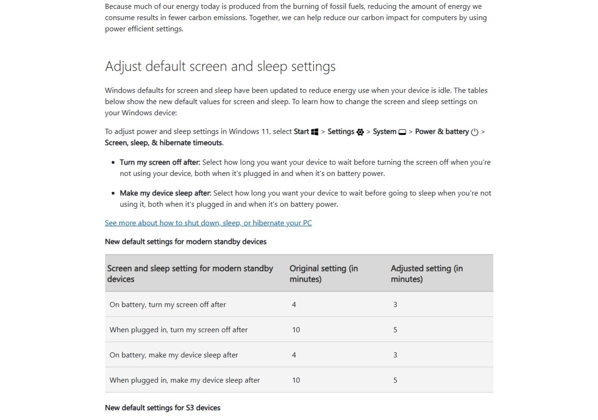 Default screen and sleep power management settings for Modern Standby and S3 devices