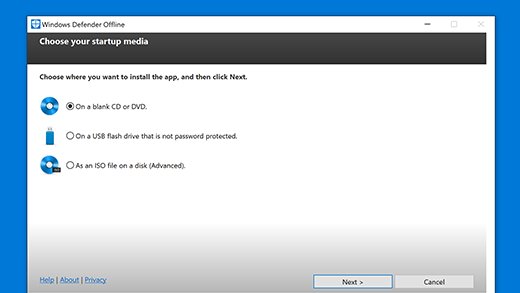 Defender Offline tool bootable media options for older Windows systems