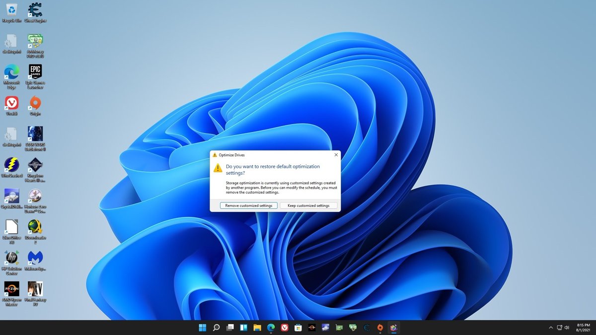 Defragment and optimize drives schedule prompt asking to remove customized settings