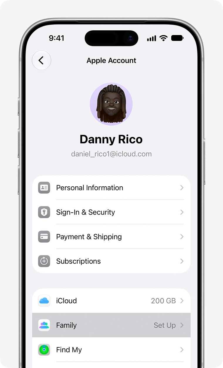 Delete Apple Account with Family Sharing: Family option in iPhone settings