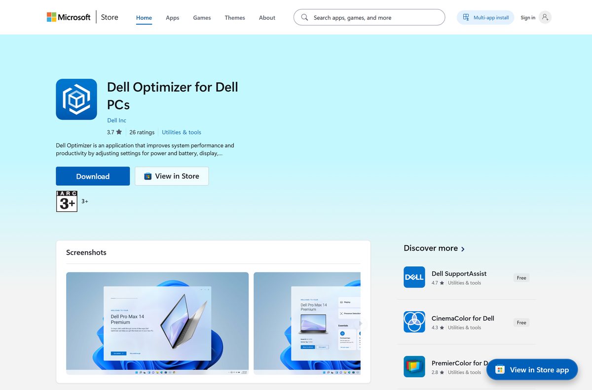 Microsoft Store listing for Dell Optimizer showing its publisher and rating
