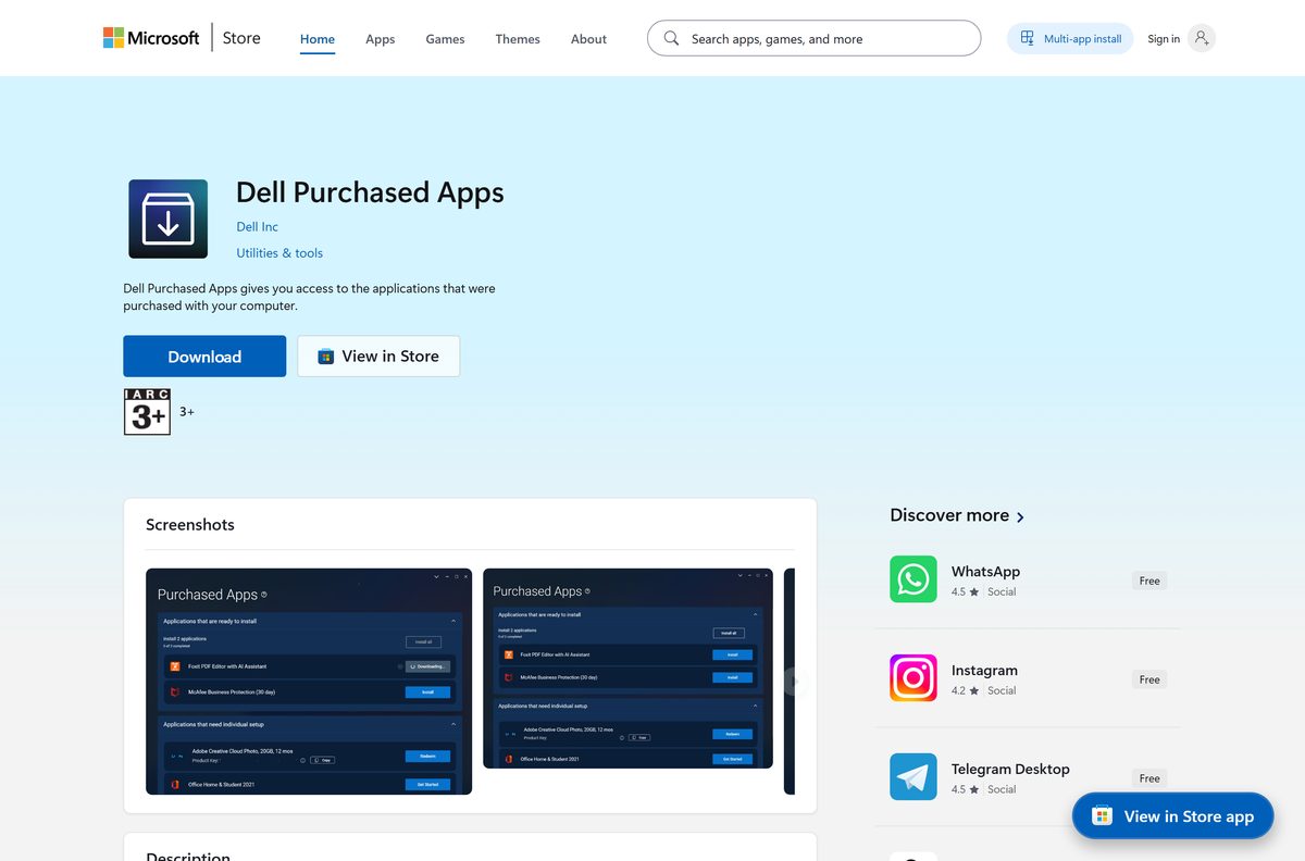 Microsoft Store listing for Dell Purchased Apps with its Get button