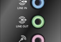 Desktop audio jacks labelled Line In, Line Out and Mic In