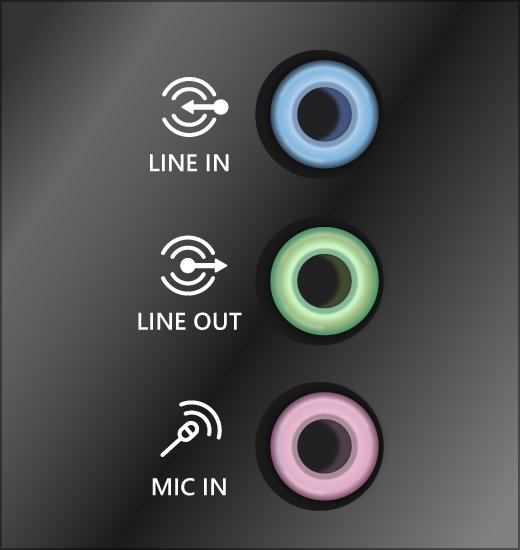 Desktop audio jacks labelled Line In, Line Out and Mic In