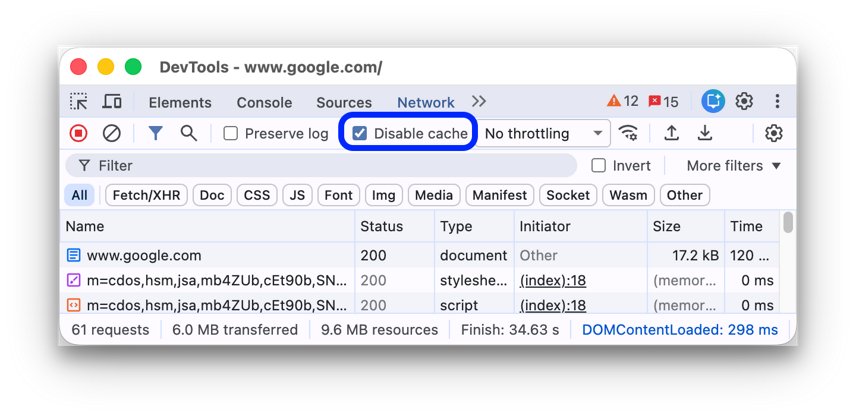 DevTools Network toolbar with the Disable cache checkbox ticked