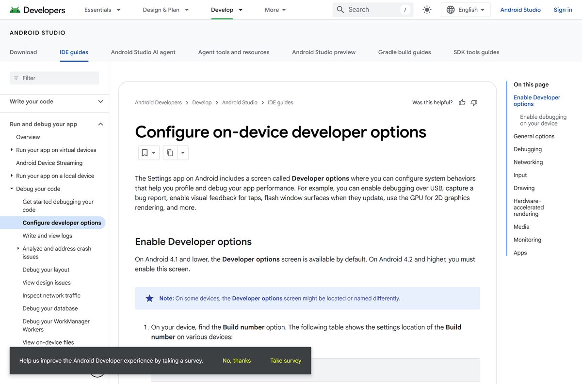 Developer options guide showing the Build number tap and debugging toggles