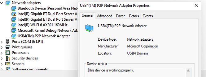 Device Manager listing the USB4 P2P Network Adapter with its properties open