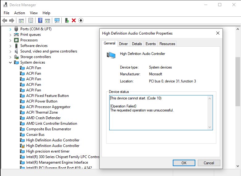 Device Manager properties dialog reporting This device cannot start (Code 10)