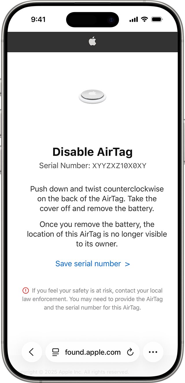 Disable AirTag page on found.apple.com with battery removal instructions