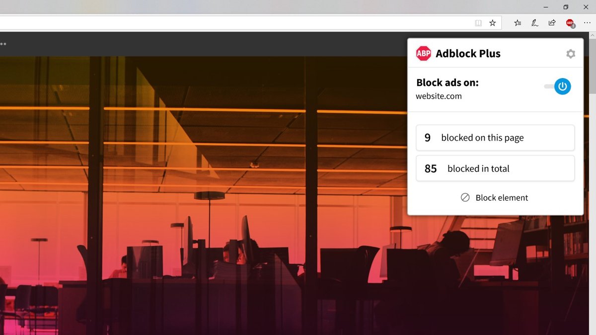Disable Edge ad blocker for a specific website in the Adblock Plus popup