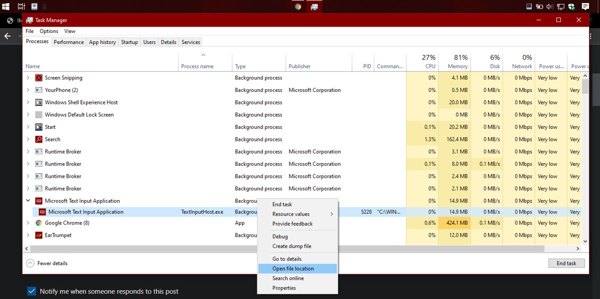 Disable Microsoft Text Input Application process in Task Manager with right-click menu