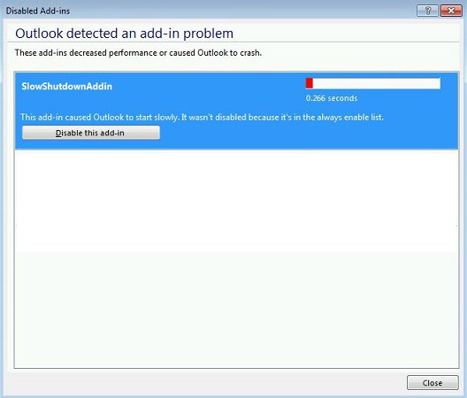 Disabled Add-ins dialog with Disable this add-in button for a slow add-in