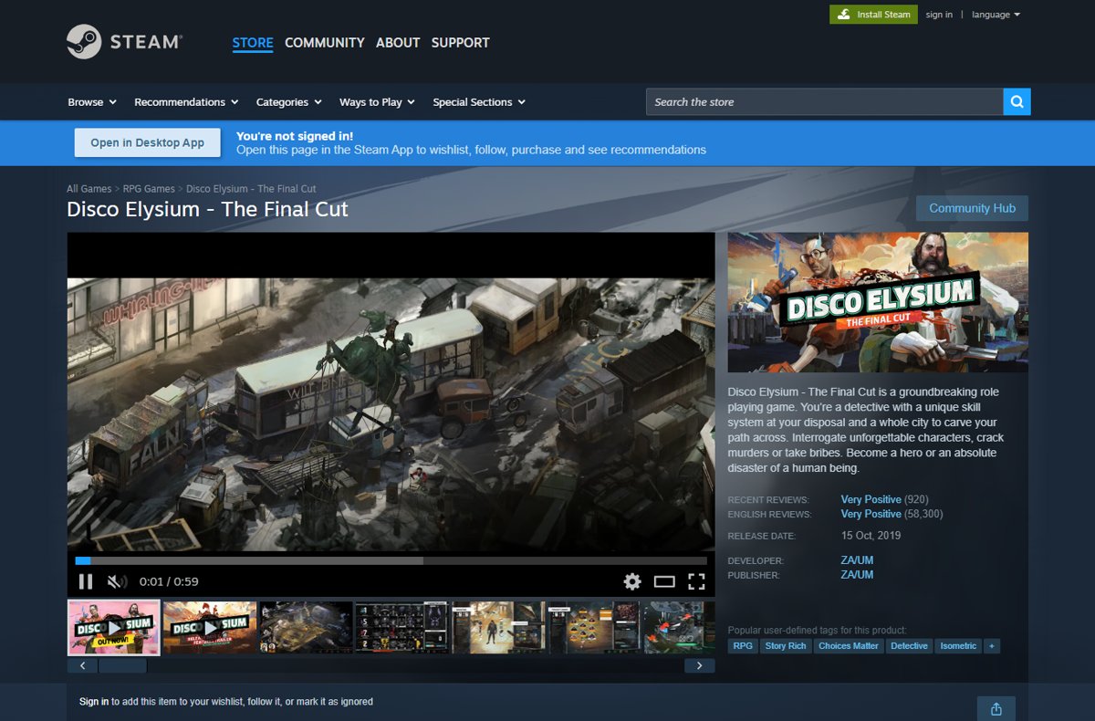 Disco Elysium Final Cut Steam page for a top PC games pick