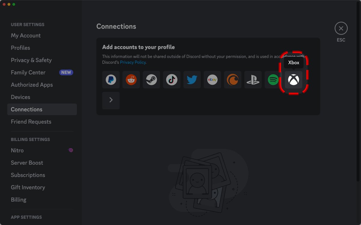 Discord Connections settings with the Xbox logo highlighted among linked services
