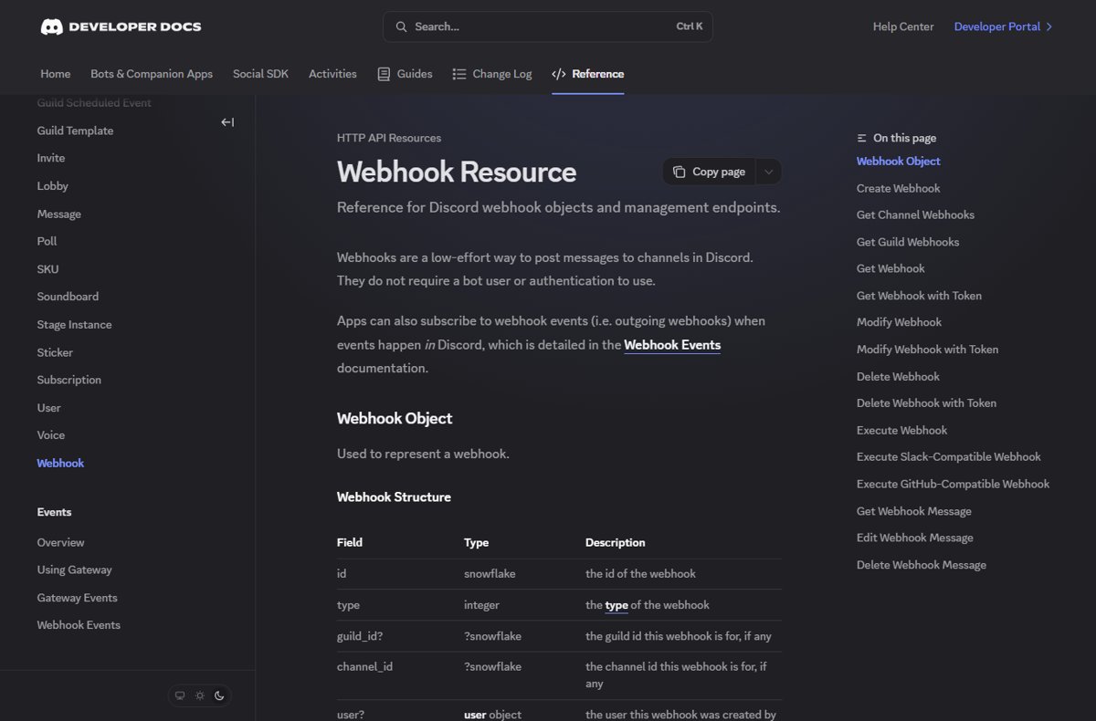 Discord developer documentation page titled Webhook Resource with its endpoint list