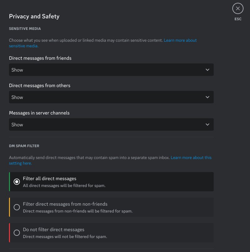 Discord privacy and safety settings for direct messages and spam filtering