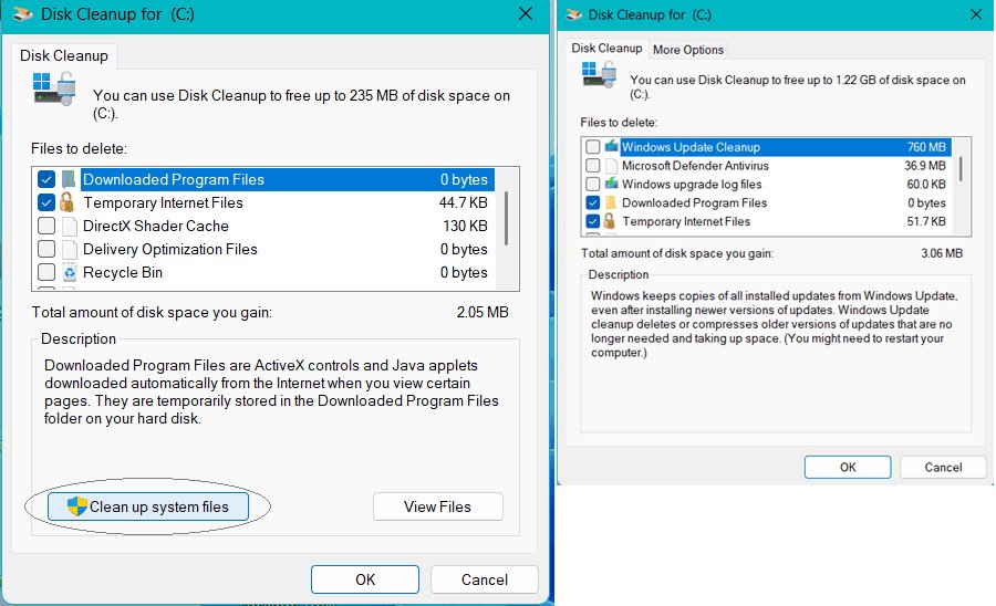 Disk Cleanup for drive C before and after the system files scan