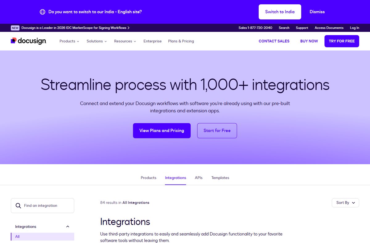 DocuSign integrations directory page advertising more than 1,000 integrations