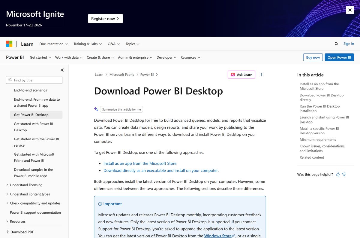 Microsoft Learn guide to downloading and installing Power BI Desktop