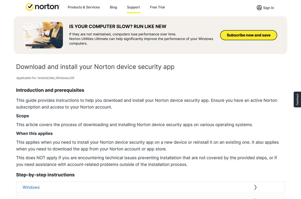Norton support guide with Windows download and install steps