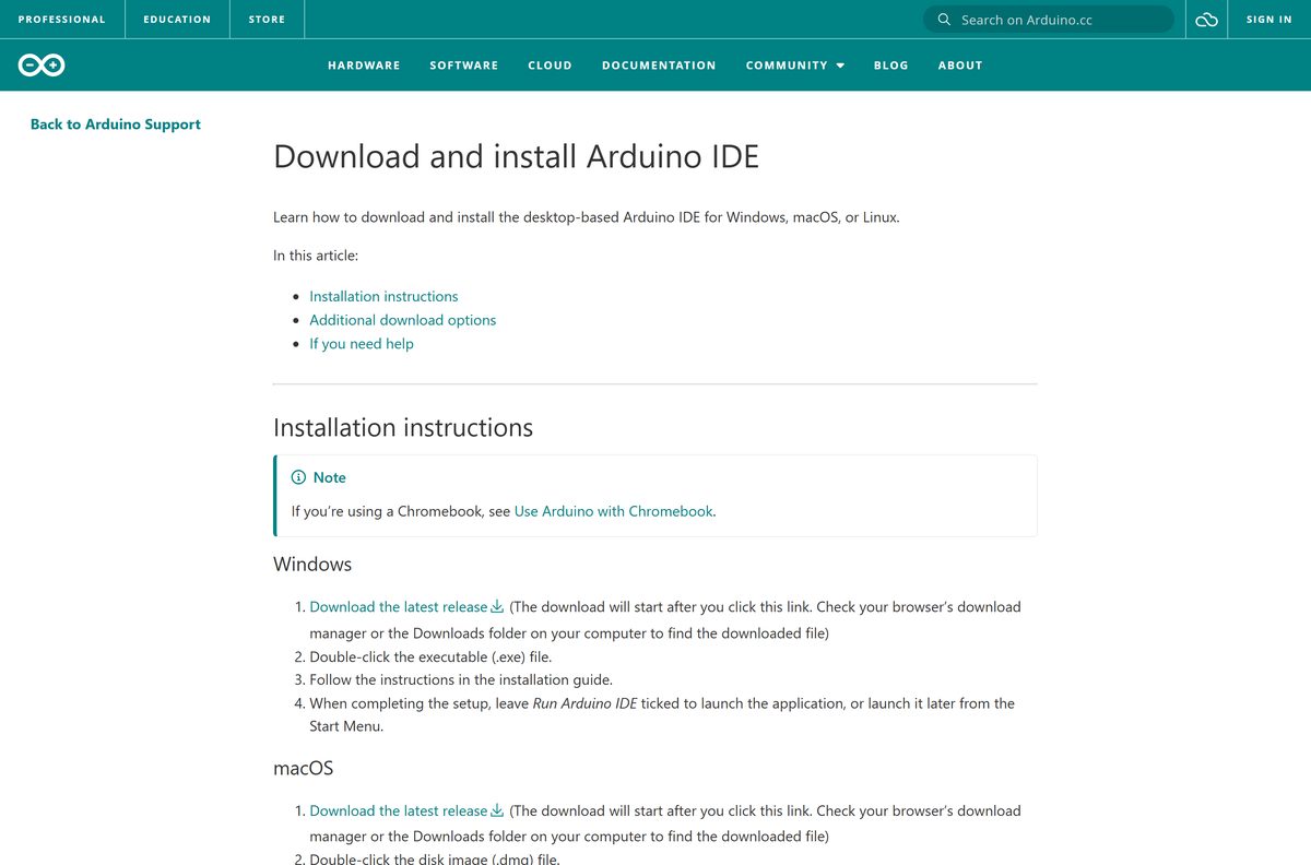 Arduino help center article with Windows, macOS and Linux install steps