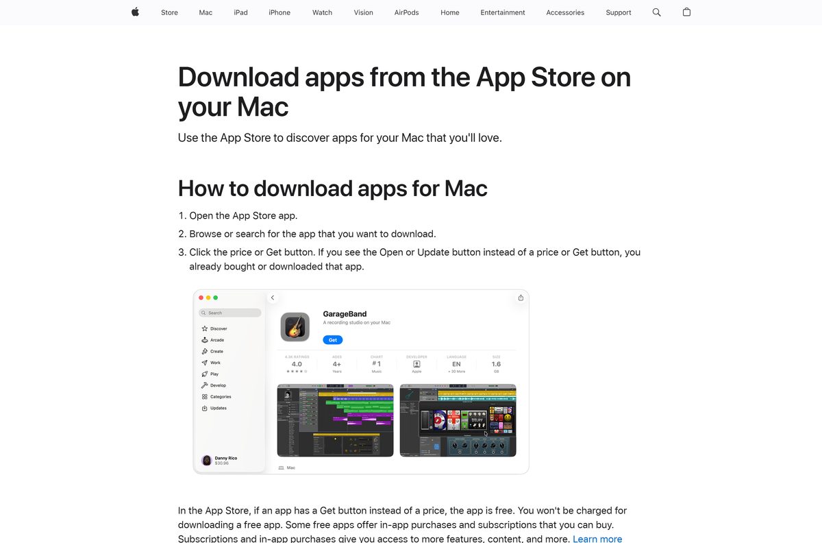 Apple support page explaining how to download apps on a Mac