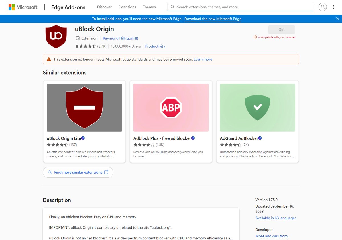 Download unlisted uBlock Origin extension from Edge Insider add-ons store