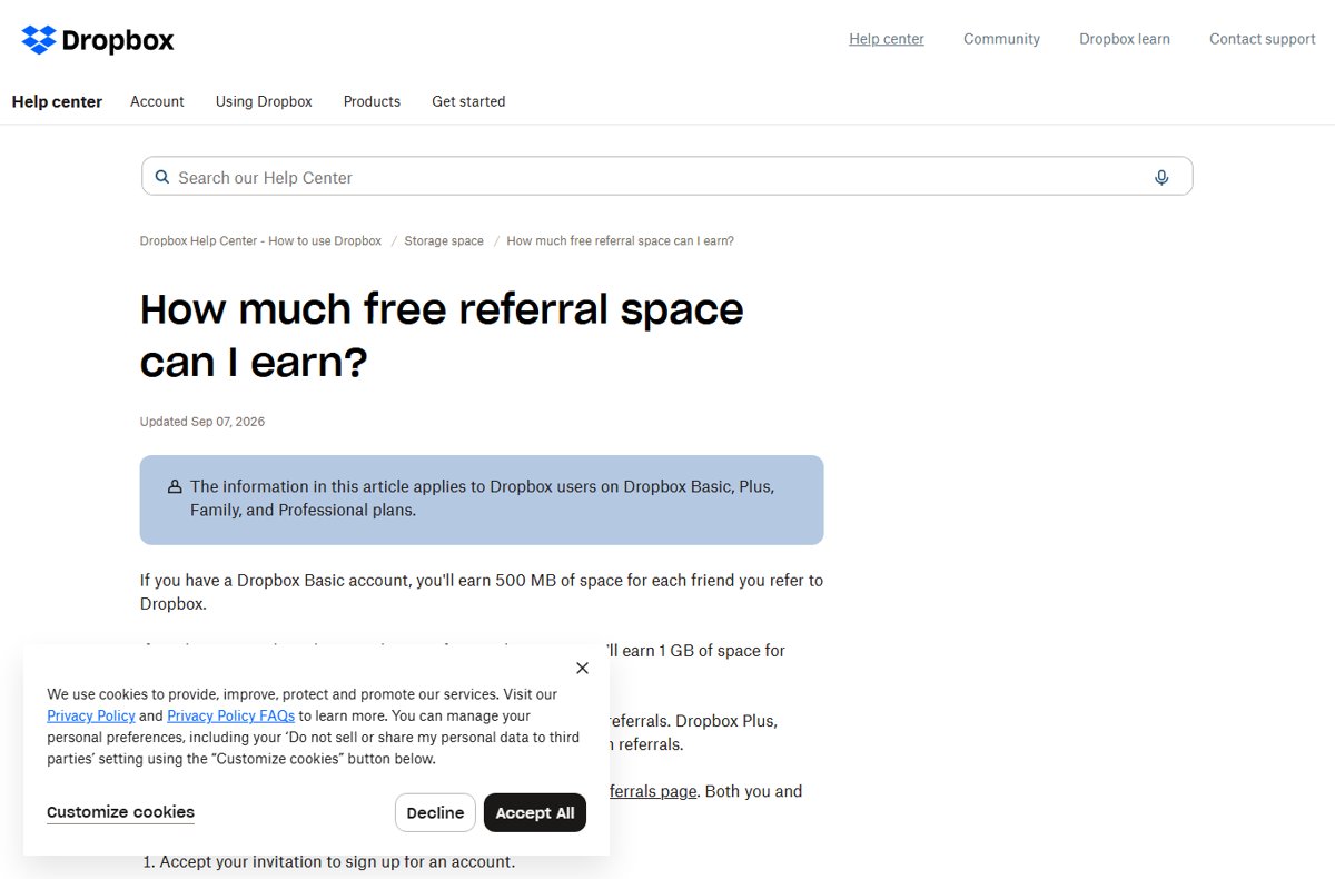 Dropbox Help Center page on how much free referral space can be earned