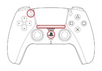 DualSense controller diagram with Create button, PS button and light bar circled