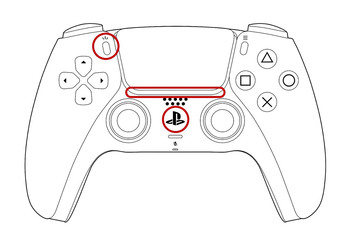 DualSense controller diagram with Create button, PS button and light bar circled