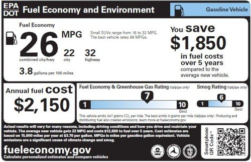 EPA and DOT fuel economy and environment label for a gasoline vehicle